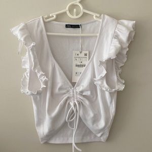 Zara white cropped v neck Tshirt